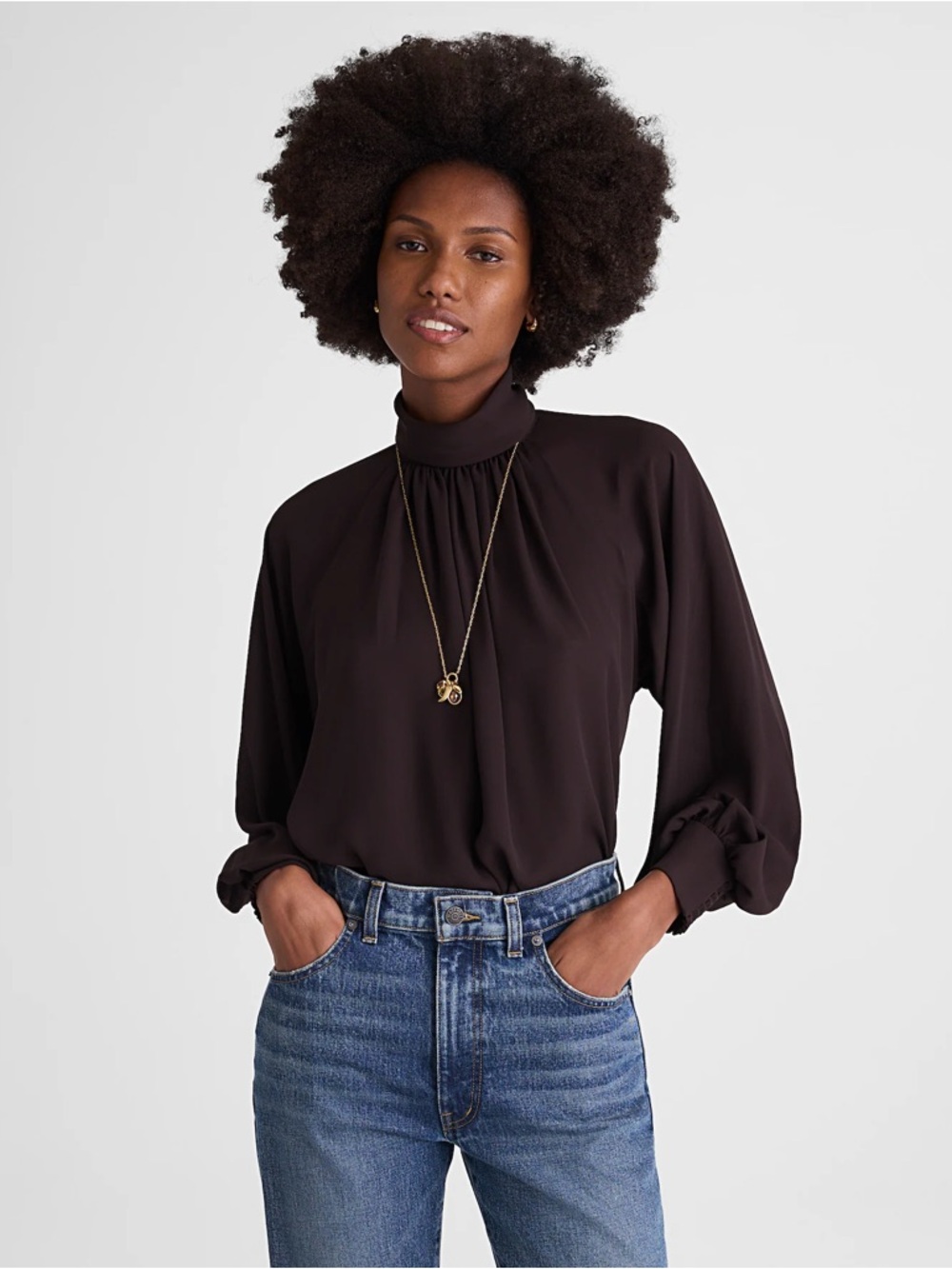 Madewell Turtleneck Long-Sleeve Top in Chiffon Size Medium Molasses